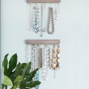 driftwood gray wood and brass jewelry racks